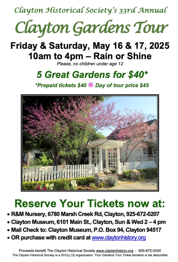Promotional poster for the Clayton Historical Society's 33rd Annual Clayton Gardens Tour, featuring event details and ticket information.