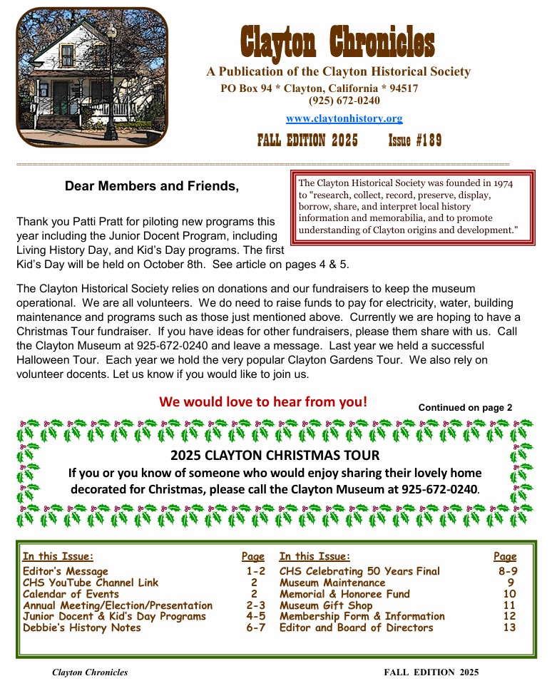 Newsletter from the Clayton Historical Society featuring information about events and activities.