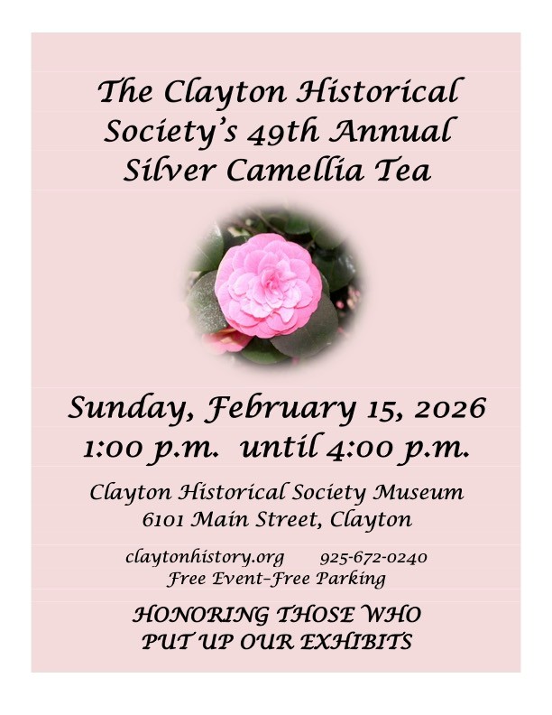 Promotional flyer for the Clayton Historical Society's 49th Annual Silver Camellia Tea event, featuring a pink camellia flower, with event details including date, time, location, and contact information.