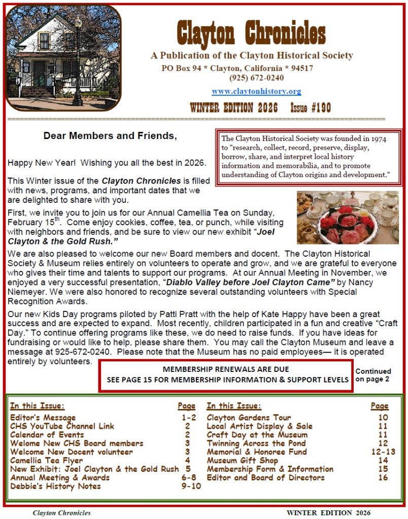 A newsletter titled 'Clayton Chronicles' from the Clayton Historical Society, featuring information about events, updates, and membership details for winter 2026.