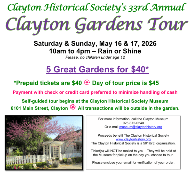 Promotional flyer for the Clayton Gardens Tour organized by the Clayton Historical Society, featuring event details including date, time, ticket prices, and contact information.
