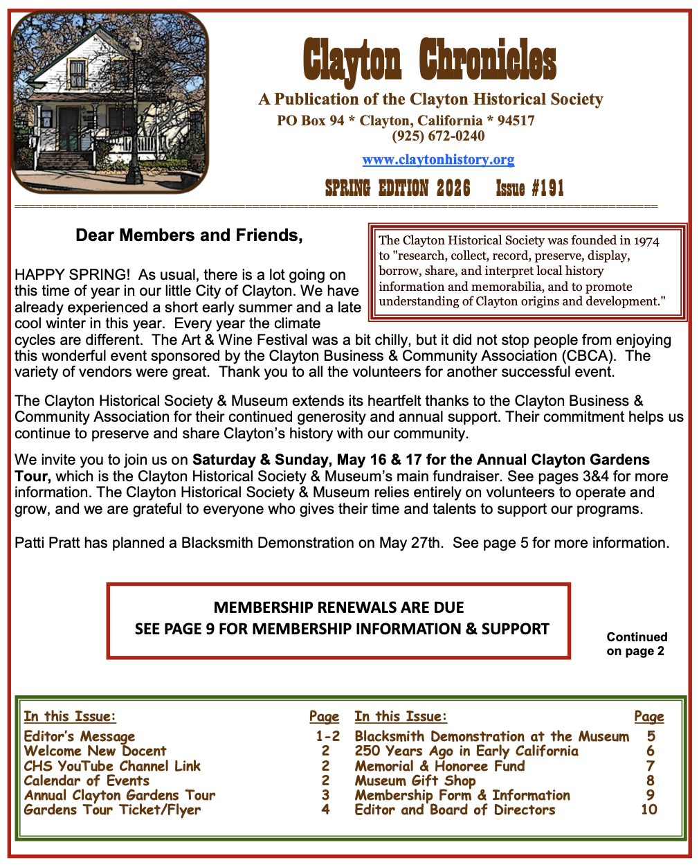 Spring 2026 edition of Clayton Chronicles newsletter with Clayton Historical Society contact information and membership renewal notice