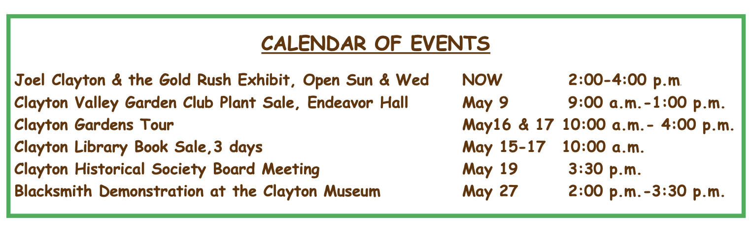 Screenshot 2026-05-03 at 11.28.18 AM Calendar of events listing local activities with dates and times including Joel Clayton exhibit, plant sale, garden tour, book sale, historical society meeting, and blacksmith demonstration