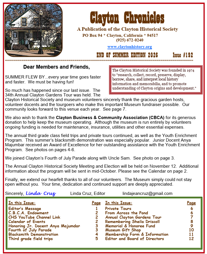 Clayton Chronicles, Summer 2026 newsletter from the Clayton Historical Society, Issue 192