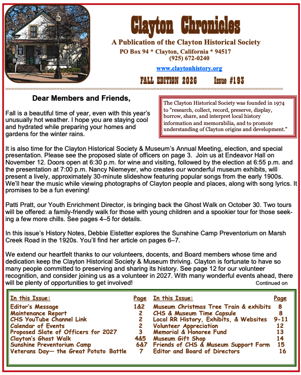 Clayton Chronicles Fall Edition 2026, Issue #193, newsletter of the Clayton Historical Society.